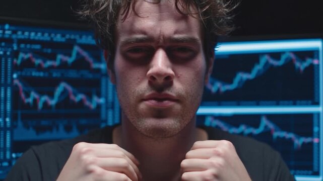 Stressed man with curly hair holding face and hands front of financial stock market charts computer screen showing trading technology, market decline, volatility, data analysis, and digital finance