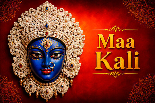 Maa Kali Goddess Face Portrait with Ornate Crown Sacred Jewelry Red Background and Decorative Mandala Illustration