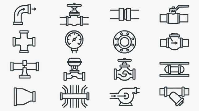 Minimalist Black and White Line Icons Set of Various Plumbing Valves and Fittings with high quality professional line art symbols for modern creative design and digital branding projects