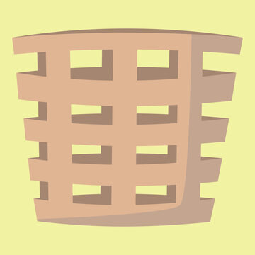 A flat vector illustration of an empty woven wicker basket with a grid pattern, isolated on a pale green background. Ideal for storage, harvest, and household organization themed designs.