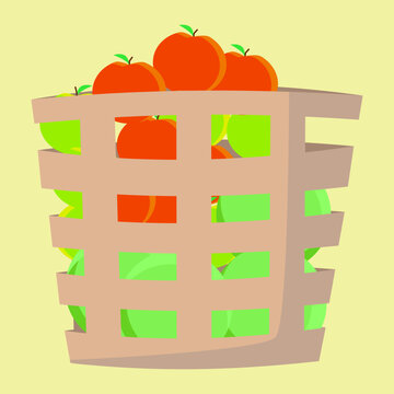 A flat vector illustration of a woven crate filled with red and green apples, isolated on a pale yellow background. Ideal for farmers market, harvest, and fresh produce themed designs.