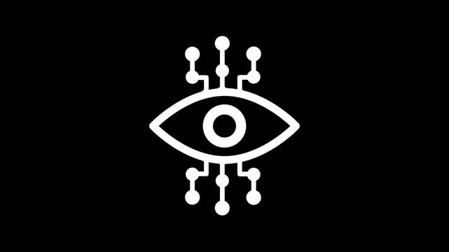 An eye with surrounding network nodes animation isolated on black background
