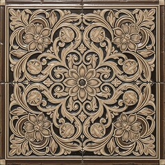 Fototapeta premium Ornate Beige Floral Relief Pattern on Decorative Ceramic Tile Surface