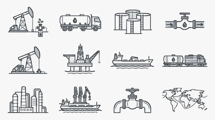 Obraz premium Dynamic Monochrome Illustrations of Global Oil and Gas Industry Infrastructure and Transportation