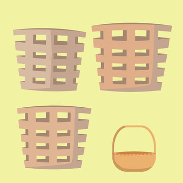 Flat vector illustration set of empty wicker baskets and shopping basket isolated on light background. Suitable for grocery, farmers market, harvest, agriculture, retail, packaging, and food display c