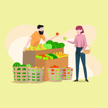 Flat vector illustration of a customer buying fresh fruits from a local market vendor. Concept of healthy lifestyle, grocery shopping, fresh produce, organic food, retail business, and local marketpla