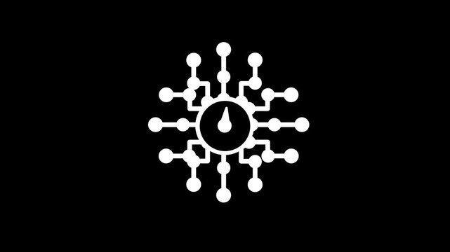 Central clock icon with multiple branching network animation isolated on black background