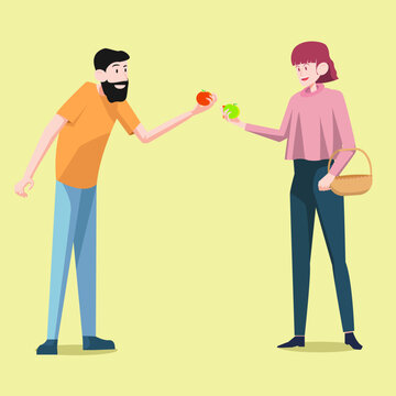 A flat vector illustration of a bearded man handing a fresh apple to a smiling woman carrying a wicker basket, isolated on a pale yellow background. Perfect for farmers market, local produce, and comm