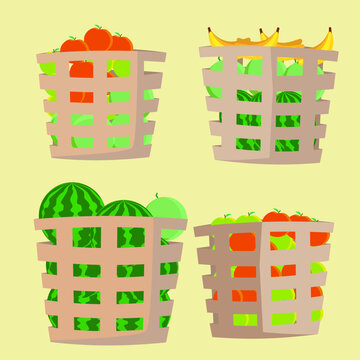 A flat vector illustration set of four woven crates filled with different fruits, apples, bananas, watermelons, and mixed apples, isolated on a pale yellow background. Perfect for farmers market, groc