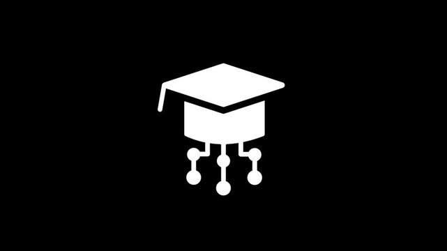 Graduation cap with network nodes animation isolated on black background