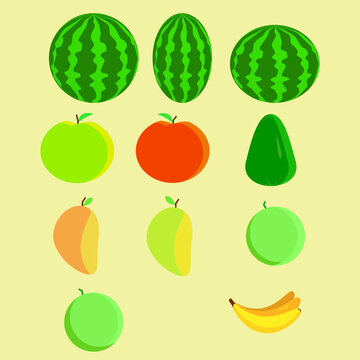 Collection of fresh fruit flat vector illustrations including watermelon, apple, avocado, mango, melon, and banana isolated on light background. Healthy food icon set for grocery, nutrition, organic p