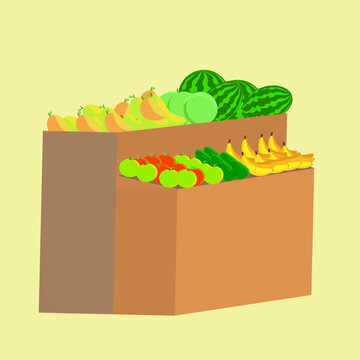 Flat vector illustration of a fresh fruit display at a local market stall featuring watermelon, banana, apple, mango, cucumber, and melon. Healthy food concept for grocery, supermarket, retail, organi