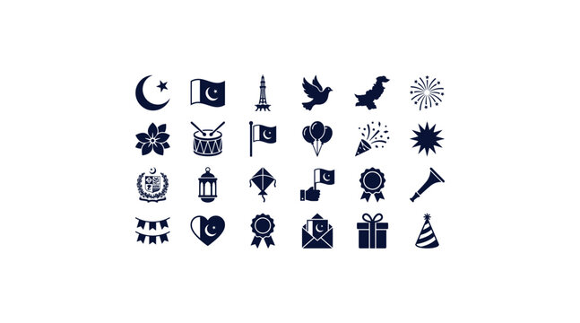 Pakistan Independence Day solid icon set with flag and monument