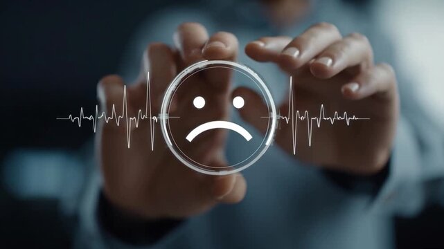 Sad face icon with heartbeat line and hand pointing symbolizing emotional distress health concern digital emotion unhappy expression technology interface health monitoring virtual screen medical