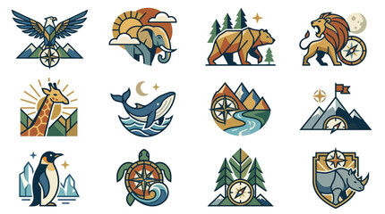 Fototapeta premium Set of wild animal illustrations with adventure and nature elements.
