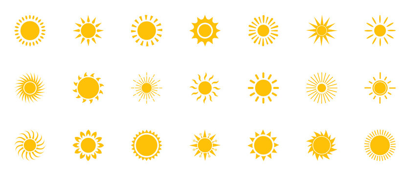 Collection of various yellow sun symbols on white background