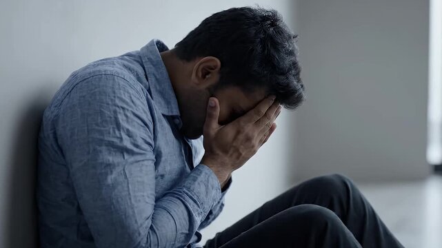 Anxious Person Leaning Against Wall and Covering Face