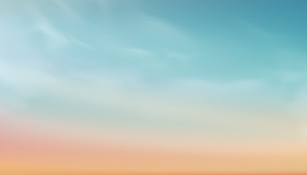 Sky Sunset Background, Sunrise Blue in Summer Morning by Beach,Vector coloud, Sun Dawn in Yellow, Orange over Sea. Horizon beautiful nature sunny in Winter.Dramatic bright light sunshine in Autumn