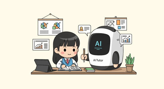 Chibi girl student sitting at a desk studying with an AI tutor robot; includes data charts, a digital tablet, notebooks, and a plant; concept of artificial intelligence in education.