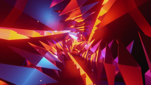 seamless loop of a futuristic geometric tunnel. Abstract digital vortex made of twisting metallic disks, curved segments and floating rings, creating deep perspective for space tech backgrounds