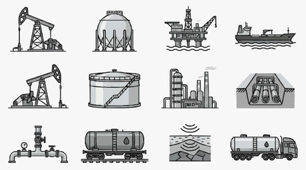 Obraz premium Elegant Monochrome Icons Showcasing Oil Industry Equipment and Processes in Grayscale with high quality professional line art symbols for modern creative design and digital branding projects