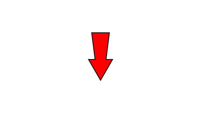 Red, arrow, pointing, down, with, black, outline, motion, graphic, on, white, background, isolated, directional, indicator, downward, trend, decrease, negative, growth, download, icon.
