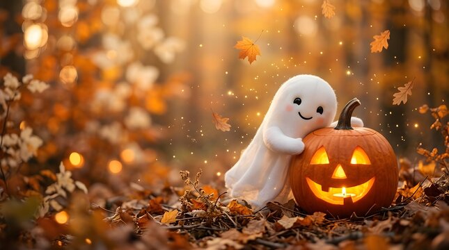 Cute whimsical ghost hugging a glowing carved pumpkin in a blurred autumn forest with falling leaves