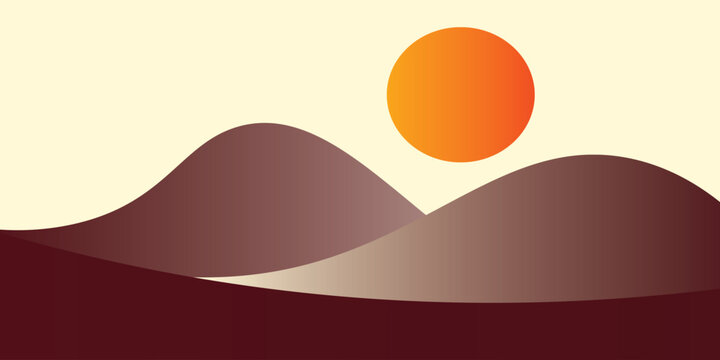 Modern abstract mountain landscape background during sunset. Flat vector design with geometric wavy hills and sun for business banner,