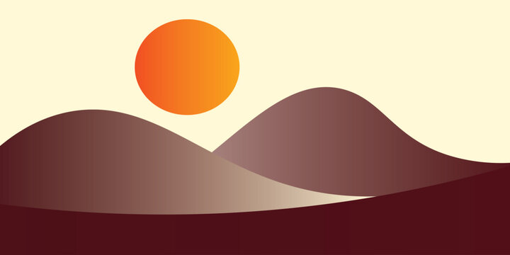 Minimalist abstract landscape background with mountains and sun. Elegant boho style vector illustration with warm