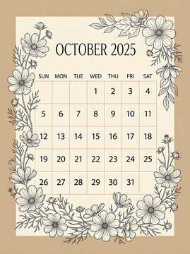 Elegant Floral October 2025 Calendar Displayed on Beige Background