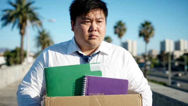 Disappointed Asian man carrying box of office belongings after being laid off, walking on bridge in Los Angeles