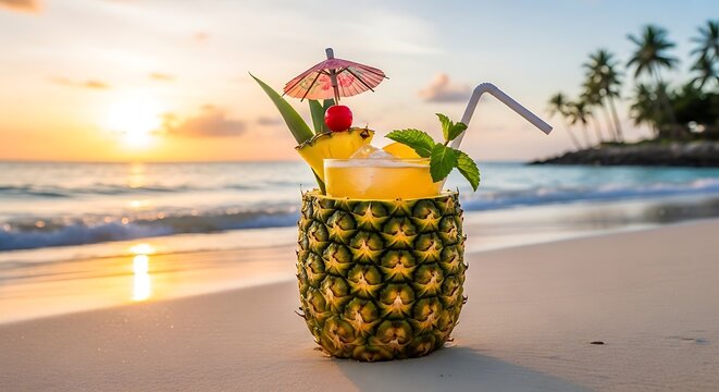 Tropical Pineapple Cocktail Resting on Sandy Beach at Sunset
