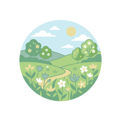 Obraz premium Rolling green hills and meadows in circular landscape frame.
