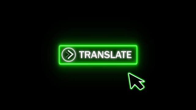 Website translation button tool hovers arrow mouse pointers over green neon text links. Global language configuration menus implement a website translation button tool loop.