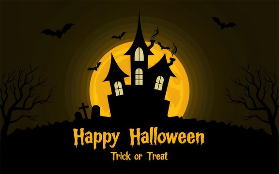 Happy halloween haunted house with full moon and spooky night sky
