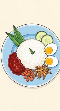 Illustrated Malaysian Nasi Lemak Arranged on Blue Plate with Egg Cucumber Anchovy Peanut and Sambal