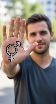 Young Man Holding Gender Symbol on Open Palm Outdoors
