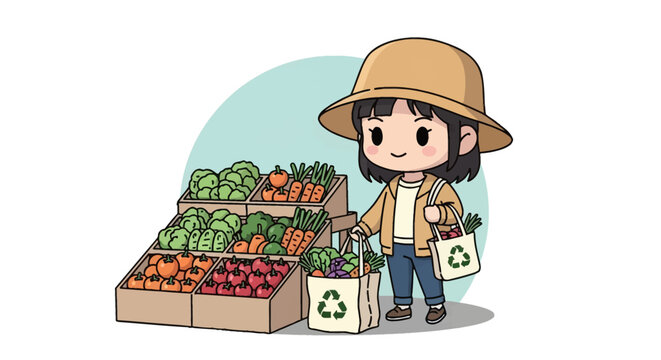 Chibi style illustration of a girl with a sun hat and jacket shopping for fresh produce at a market stall, carrying reusable grocery bags with recycling logos on white background.