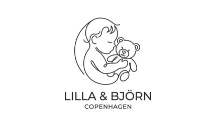 Obraz premium Minimalist continuous line art logo of a baby holding a teddy bear.