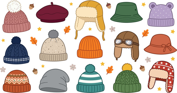 Cute winter hats and beanies vector set featuring colorful autumn headwear knitted caps beret bucket hat and ushanka illustrations