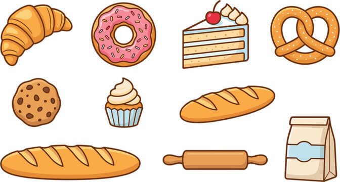 Delicious bakery and pastry products vector set featuring cartoon croissant donut cake cookie pretzel and bread loaf illustrations