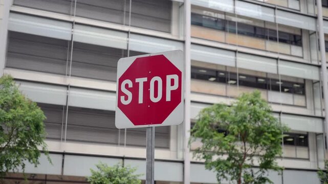 Vivid stop signs in urban landscape draw attention