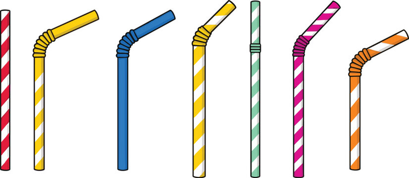 Colorful drinking straws vector set featuring striped plastic bendy straws flexible tubes for party beverages milkshakes and cocktails illustration