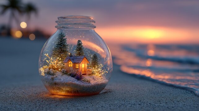 Miniature wooden cabin with glowing lights inside a glass jar on a sandy beach at sunset