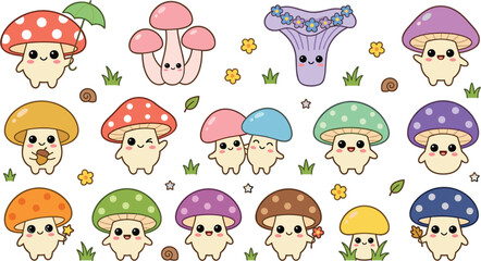 Fototapeta premium Cute cartoon mushroom characters vector set featuring colorful pastel fungi forest elements snails flowers and autumn leaves illustration