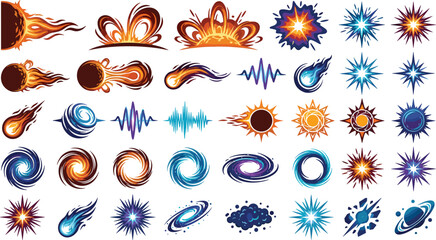 Colorful cartoon vector icon set of fiery explosions glowing meteors sound waves cosmic black holes stars and space effects © Sojol
