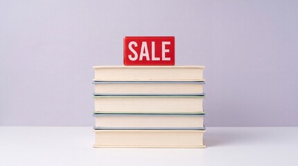 Fototapeta premium Stack of books with a red sale sign on top with sitting white surface against light purple background book stack information literature education promotion with knowledge