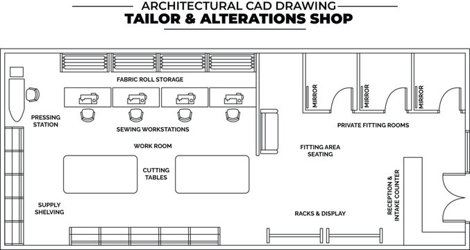 Architectural cad floor plan of a tailor and alterations shop, including sewing workstations, cutting tables, fitting rooms, and reception area