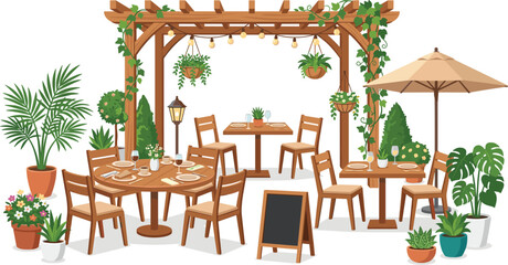 Cozy outdoor restaurant patio with wooden pergola tables chairs parasol and lush green potted plants for dining terrace concept © Sojol