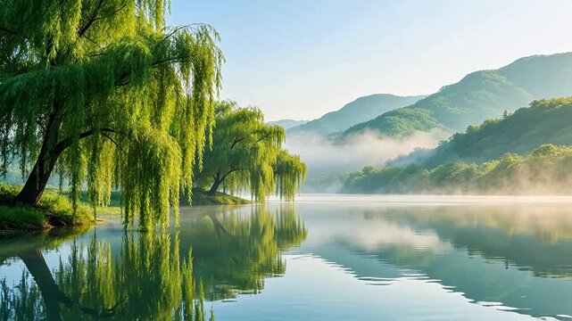Lakeside willow trees with mountain mist